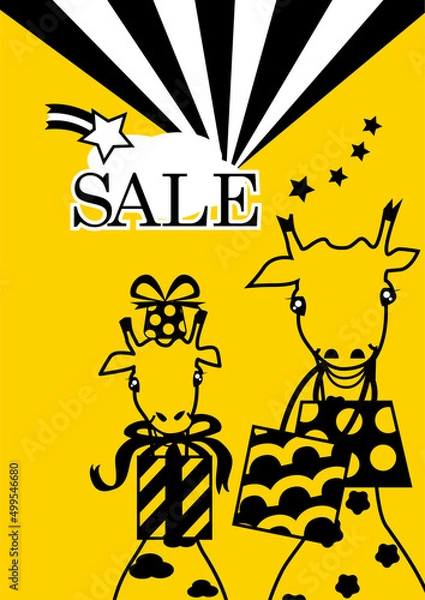Fototapeta 黄色と黒のツートンカラーでキリンの親子が沢山お買物をしてルンルン！お店のセールをアピール