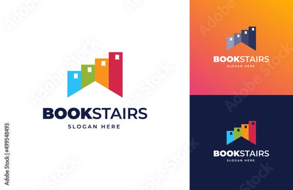 Obraz book stairs solution idea progress success education vector logo design, House stairway success achievement goal logo design