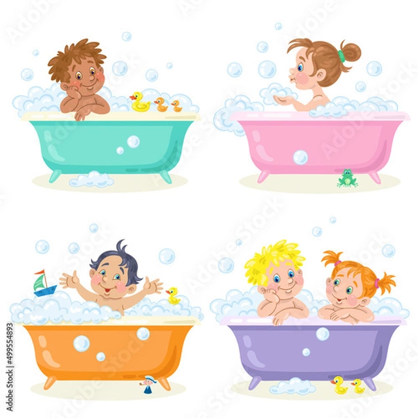 Fototapeta Set of funny kids playing in the bath with foam and toys. In cartoon style. Isolated on white background. Vector illustration