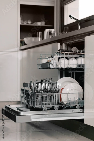 Obraz Clean dishes in dishwasher. Set of white plates, mugs and spoons in modern kitchen.
