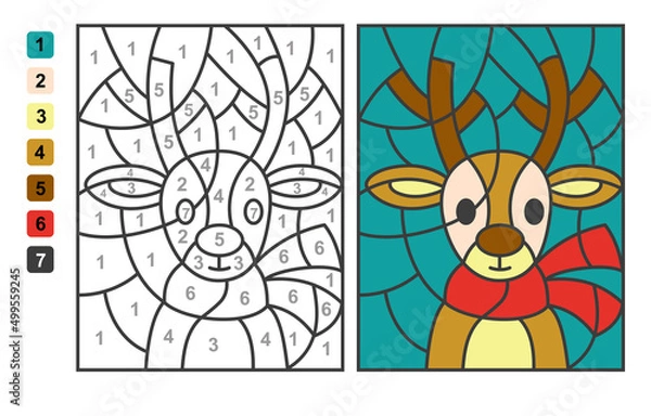 Fototapeta Derr. Color by numbers. Puzzle game for children education, colors for drawing and learning mathematics