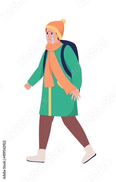 Fototapeta Refugee boy with backpack running away from war semi flat color vector character. Sobbing figure. Full body person on white. Simple cartoon style illustration for web graphic design and animation