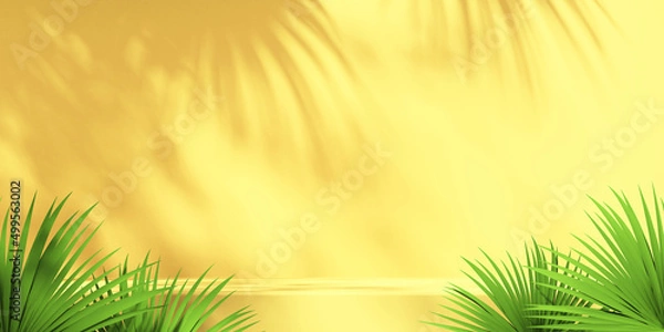 Obraz 3D green and yellow product podium display with orange background and tree shadow,summer product mockup background,3D render illustration