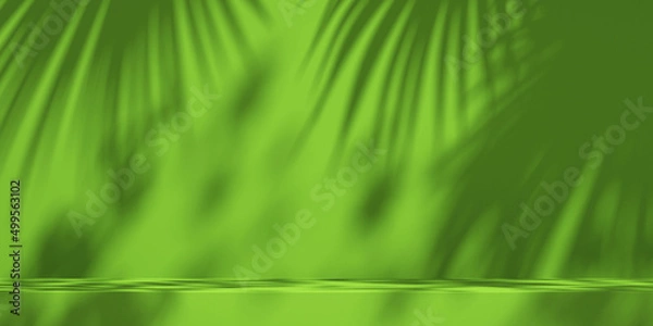Fototapeta 3D green and yellow product podium display with orange background and tree shadow,summer product mockup background,3D render illustration
