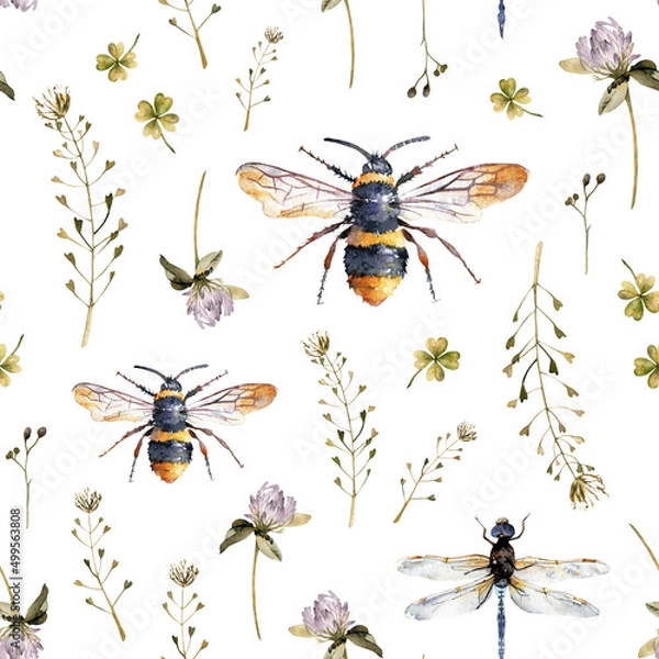 Fototapeta Watercolor floral seamless pattern with bees, purple clover flower, green leaves, wildflowers, isolated on white background. Hand-drawn summer meadow backdrop for fabric, clothing, wrapping paper