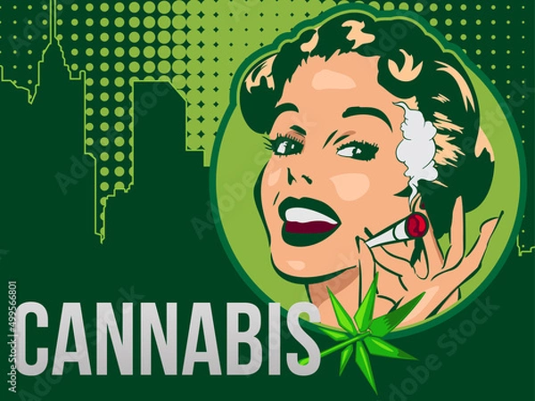 Obraz Retro poster with happy lady smoking joint. Marijuana leaf. Cannabis vector design template