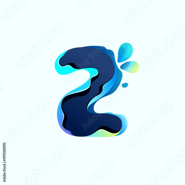 Fototapeta Number two logo with blue dew drops in hologram glitch style. Environment friendly icon.