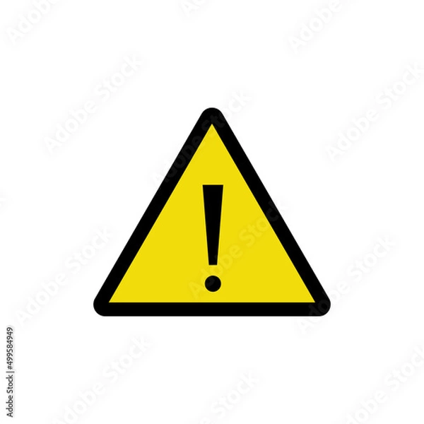 Obraz Icon of warning and risk. Attention danger, beware. Alert sign. Yellow triangle and exclamation mark. Flat vector icon isolated on white background