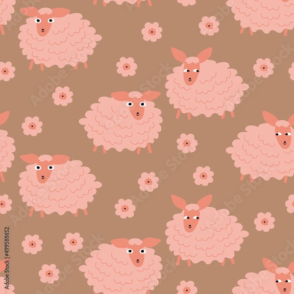 Fototapeta Cute pink sheep and flowers hand drawn vector illustration. Funny baby character in flat style. Animal seamless pattern for kids fabric.