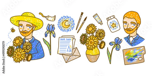 Obraz Set of cartoon portrait and Van Gogh style elements isolated on white - sunflowers, irises, palette, oil paints, brushes, letters for Your art design