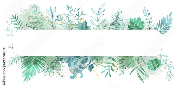 Fototapeta Leaves and ferns background - Hand drawn colorful plants set modern and universal. Flower branch and minimalistic plants. Hand drawn lines, elegant leaves for your own design.
