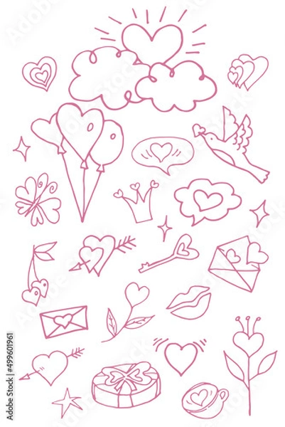 Fototapeta A set of doodle objects for lovers and Valentine's Day. Sketchy hand drawn doodle cute cartoon elements isolated on white background