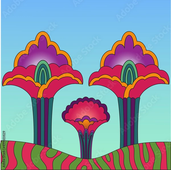 Fototapeta Colorful vector poster with a frame of abstract flowers in the style of 1960s, 1970s. Bright psychedelic background, cover, poster, poster for hippie style trance festival