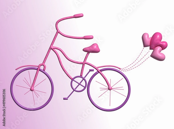 Fototapeta 3D rendering of pink bicycle with heart shaped baloons.. 3D rendered bike on abstract pink background.