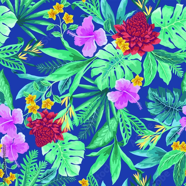 Fototapeta vector seamless graphical tropical pattern with leaves (monstera foliage, areca palm leaves), flowers (hibiscus, ginger, frangipani) on blue background. Multidirectional allover hawaiian design.