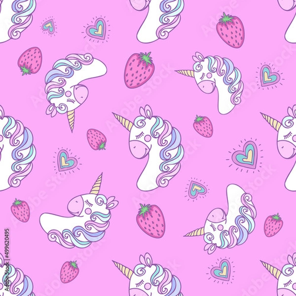 Fototapeta Cute unicorn face and strawberry seamless pattern on pink background. Vector illustration can be used for baby clothing design and for scrapbooking design for wrapping and digital paper.
