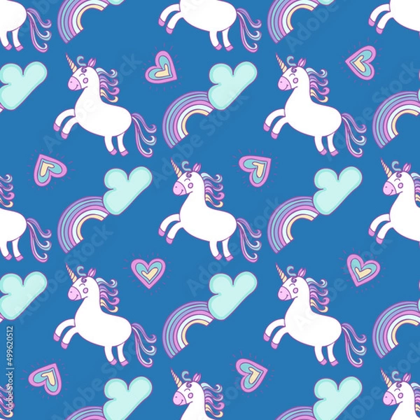 Fototapeta Cute unicorn seamless pattern design on blue background with rainbow,сlouds and hearts. Suitable for baby clothes design, for digital paper and wrapping paper design.