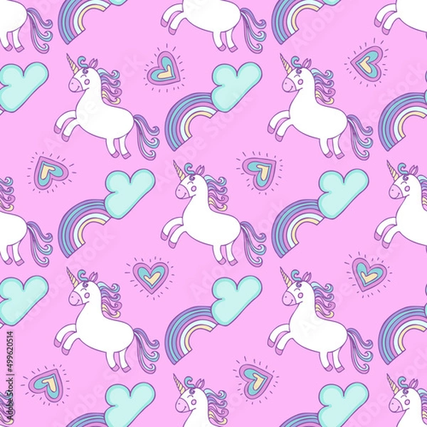 Fototapeta Cute unicorn seamless pattern design on pink background with rainbow,сlouds and colorful hearts. Suitable for baby clothes design, for digital paper and wrapping paper design.