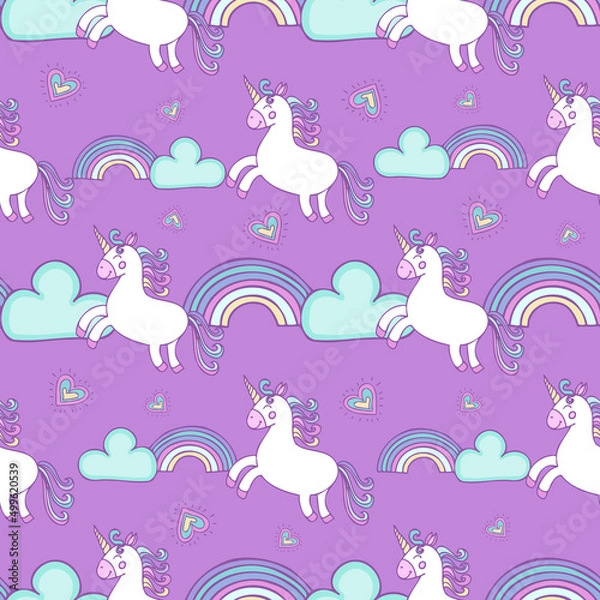 Fototapeta Cute  flying unicorn seamless pattern design on purple background with clouds,rainbow and  hearts. Suitable for baby clothes design, for digital paper and wrapping paper design.