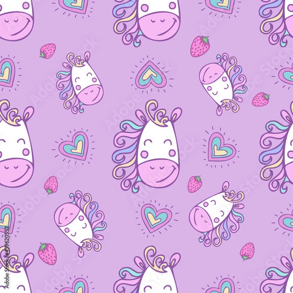 Fototapeta Cute unicorn face seamless pattern with strawberry and heart on purple background. Vector illustration can be used for baby clothing design and for scrapbooking  for wrapping paper and digital paper.