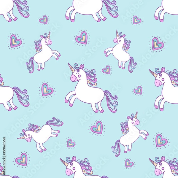 Fototapeta Cute unicorn and heart seamless pattern on light blue background. Vector illustration can be used for baby clothing design and for scrapbooking design for wrapping and digital paper.