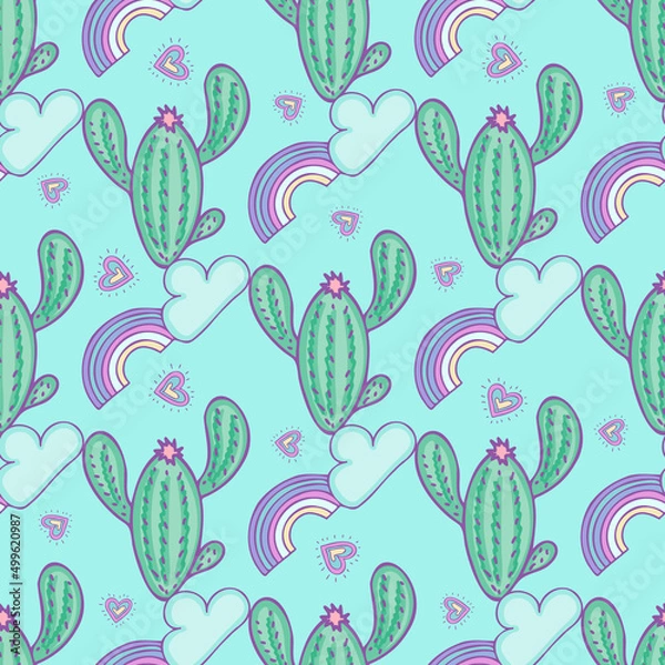 Fototapeta Cactus and rainbow seamless pattern design. Cactus with rainbow and clouds on light blue background.Suitable for baby clothes design, for digital paper and wrapping paper design.