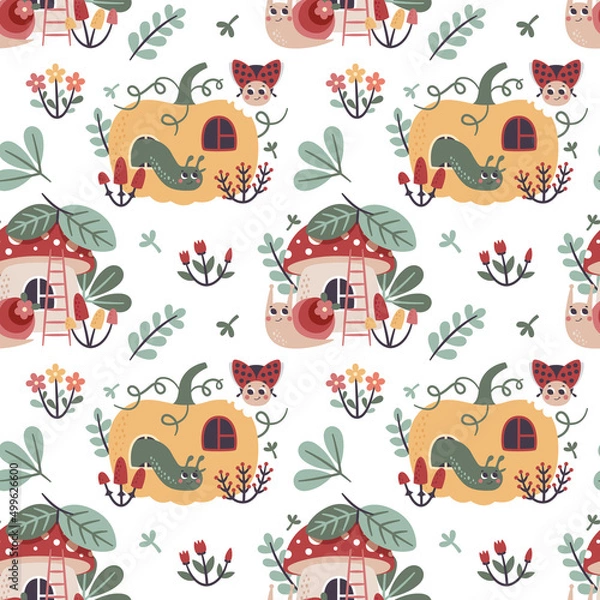 Fototapeta Cute vector cartoon seamless pattern with garden insects worms, ladybug, snail on pumpkin and mushroom with windows, leaves, flowers, plants, mushroom
