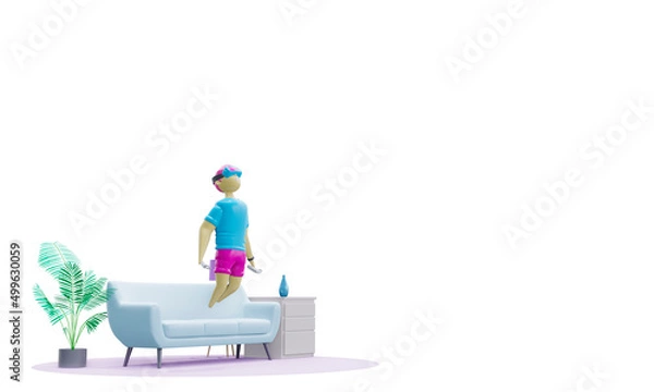 Fototapeta 3d render. A plastic character in vr glasses and with joysticks flies over the sofa in the room