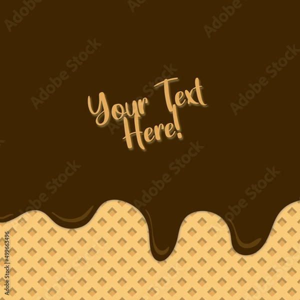 Fototapeta Flowing chocolate ice cream on background waffle texture with text layout in the center. Poster for cafe, ice cream and menu dessert, food packaging design