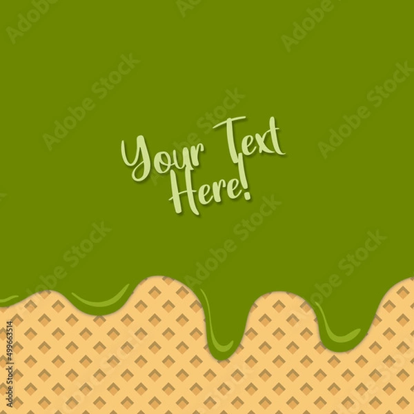 Fototapeta Flowing green pistachio ice cream on background waffle texture with text layout in the center. Poster for cafe, ice cream and menu dessert, food packaging design