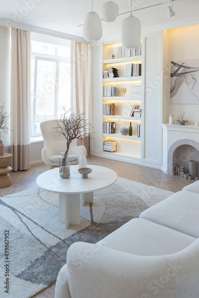 Obraz fashionable modern design luxury apartment in light colors. bright day behind huge windows. stylish decoration and no one inside.