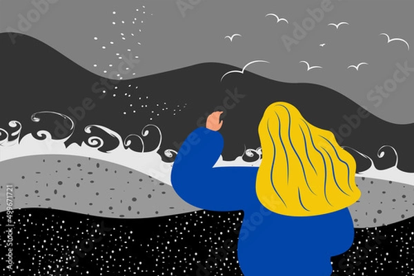 Fototapeta Horizontal vector background. A young girl in a yellow and blue sweater with loose hair walks along the seashore, rear view. Gray landscape in a flat style. The concept of depression, fear, sadness.