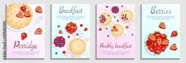 Fototapeta Porridge and berries. Raspberry, cranberry, strawberry and blueberry. Breakfast, healthy food, dieting concept. Set of a4 vector illustration for flyer, poster, banner.