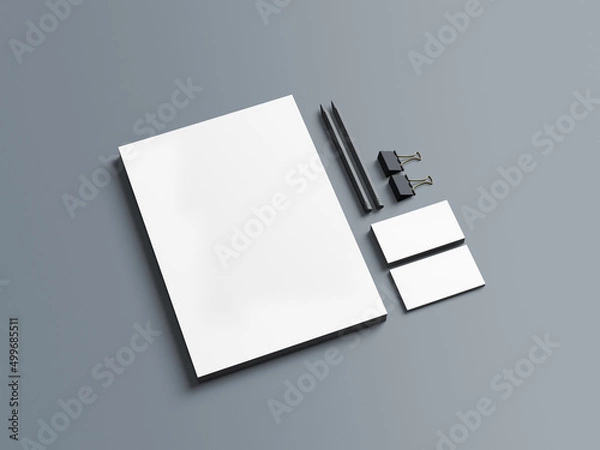Fototapeta Papelaria em mockup 3d para você apresentar seus projetos de branding. Papel carta, envelope, cartão de visita, copo descartável, papel timbrado. 