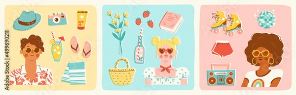 Fototapeta Set of portraits of stylish young people. Vector illustration of a tourist, girl with items for a picnic and roller skater. Trendy retro style.