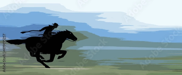 Obraz An illustration of a pony express rider with a background depicting flat land, mountain and sky