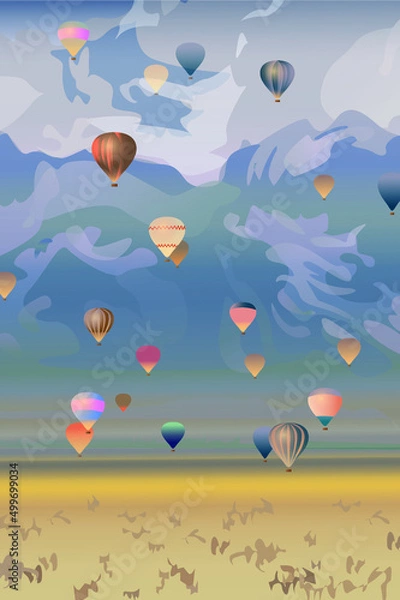 Obraz Vector image, festival of hot air balloons in the mountains