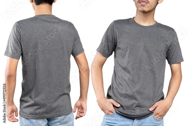Fototapeta man wearing a gray casual t-shirt. Front and rear view of a mock up template for a t-shirt design print