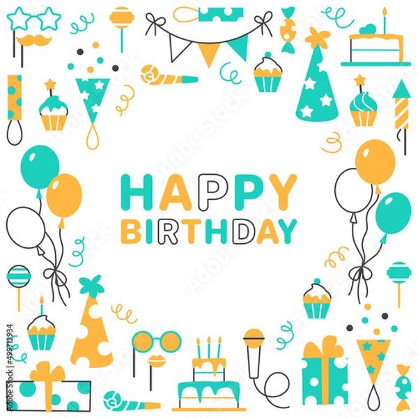 Fototapeta Happy Birthday background. Greeting card invitation with text space. Anniversary celebration holiday event flat line design Festive graphic element birthday party cake balloon gift vector illustration