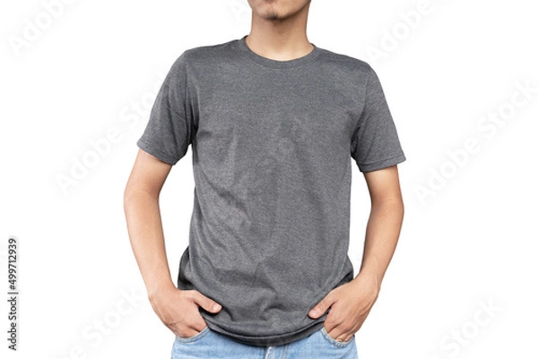 Fototapeta man wearing a gray casual t-shirt. Front view of a mock up template for a t-shirt design print