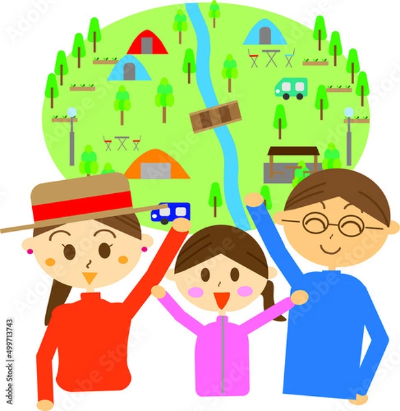 Fototapeta 自然あふれる場所で家族でキャンプ！キャンプ場のイラスト・家族旅行・植物・テント・風景