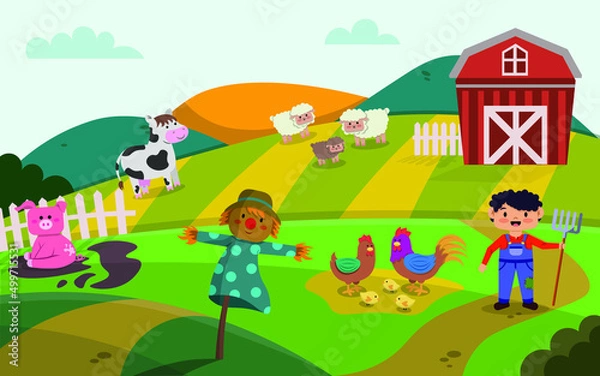 Fototapeta Farm scene in nature with animals and a boy. Flat vector illustration. 