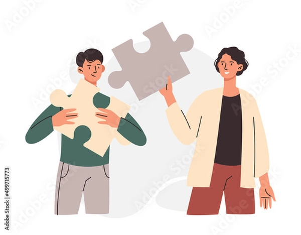Fototapeta Teamwork and partnership concept. Man and woman hold puzzle pieces and connect them. Metaphor of cooperation and collaboration. Achieving success or effective work. Cartoon flat vector illustration