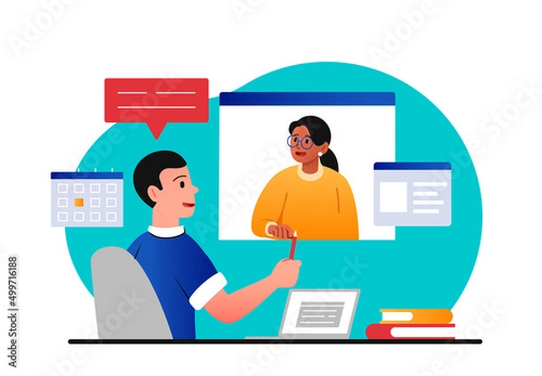 Fototapeta Video call concept. Man and girl communicate on Internet. Modern technologies and social networks. Remote employee, colleagues working on project, coworking. Cartoon flat vector illustration