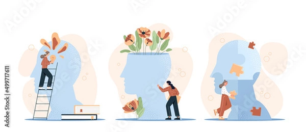 Obraz Mental hygiene and self development set. Young women solve problems, come up with ideas and self learning. Psychological balance. Cartoon modern flat vector collection isolated on white background