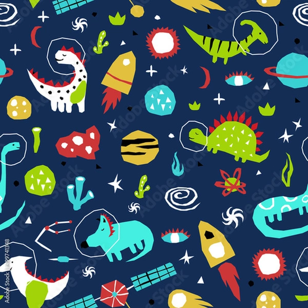 Obraz Cutout style dino in space seamless pattern