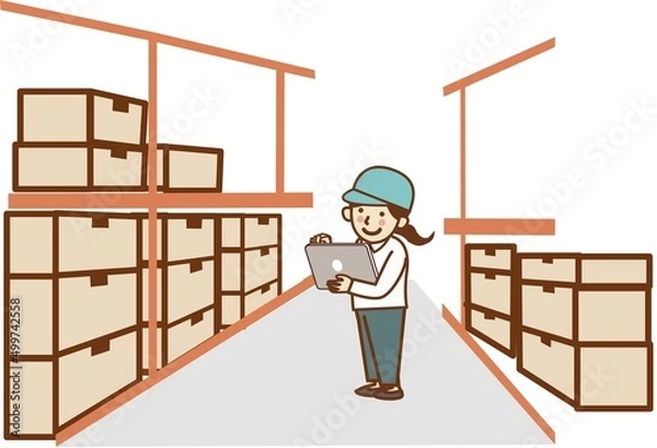 Obraz 倉庫でタブレットを持つ女性作業員。