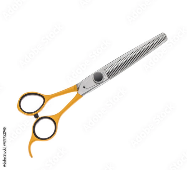 Fototapeta Scissors for cutting people and pets. Grooming scissors. Closed scissors on a white isolated background. Side view.