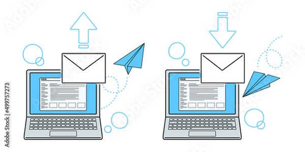 Obraz ノートパソコンでメールを送信するイラスト. ノートパソコンでメールを受信するイラスト. ベクターイラストのセット. 線画, アウトラインあり.
