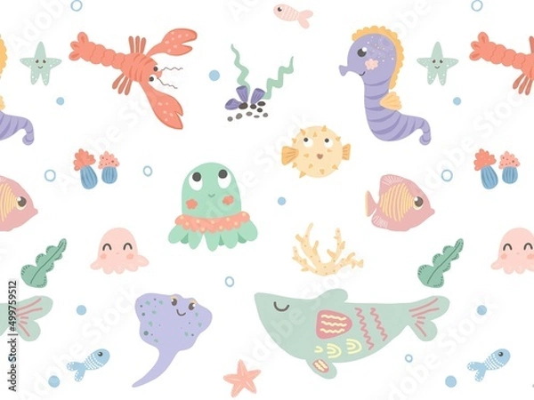 Fototapeta Underwater world pattern. Cartoon underwater characters. Whale, fish, starfish, octopus. Hand-drawn pattern for children's textiles, wallpapers, fabrics.